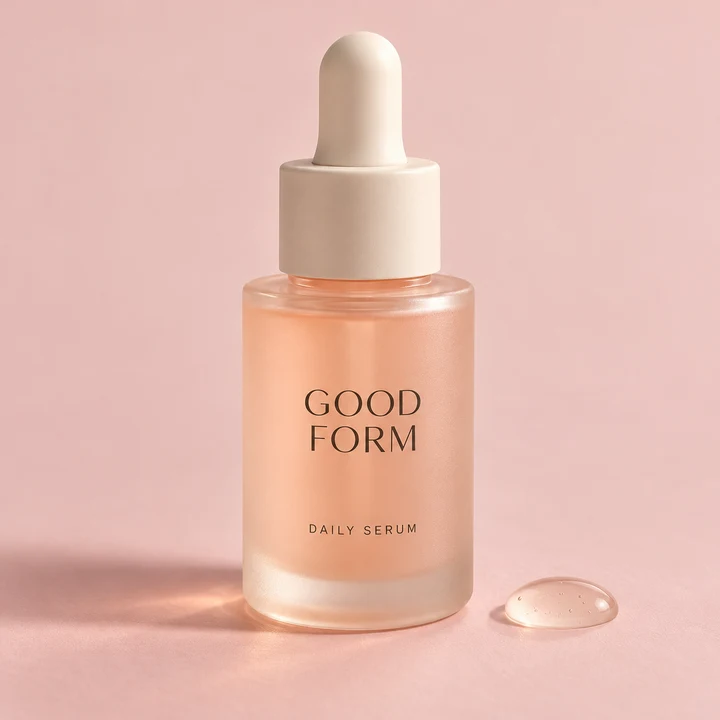 Good Form daily serum in a frosted peach glass bottle