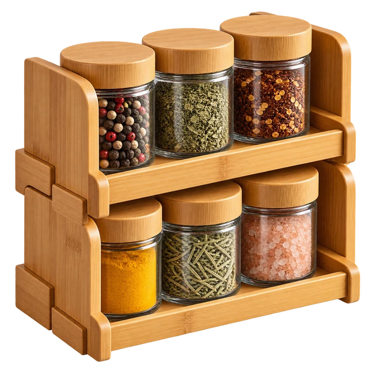 A stackable bamboo spice rack