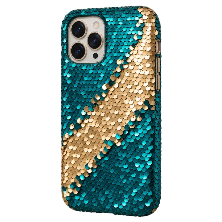 A phone cover with reversible, color-changing sequins