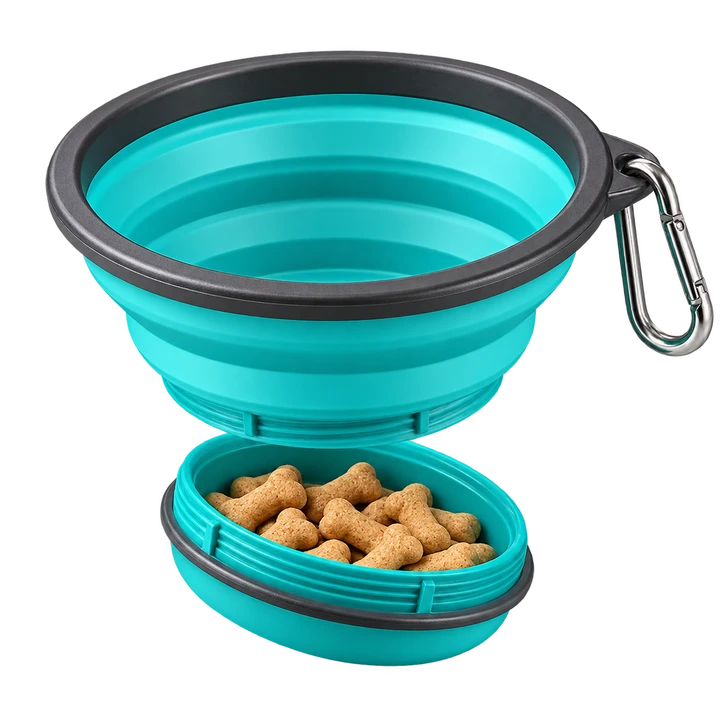A clip-on dog bowl with a hidden treat compartment