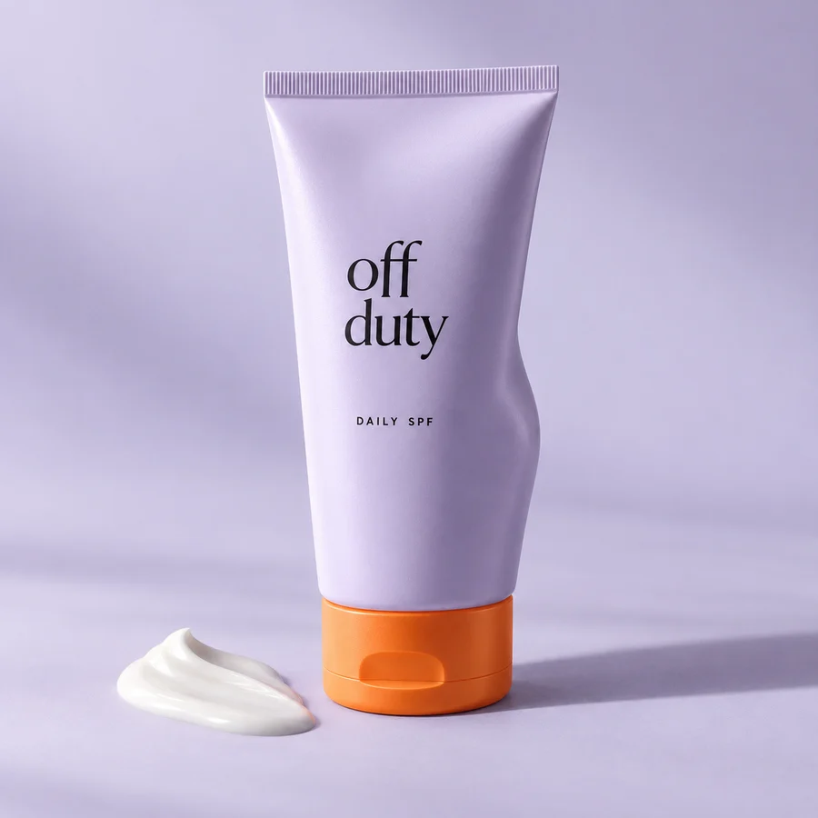 Off Duty sunscreen in a lavender tube with an orange cap